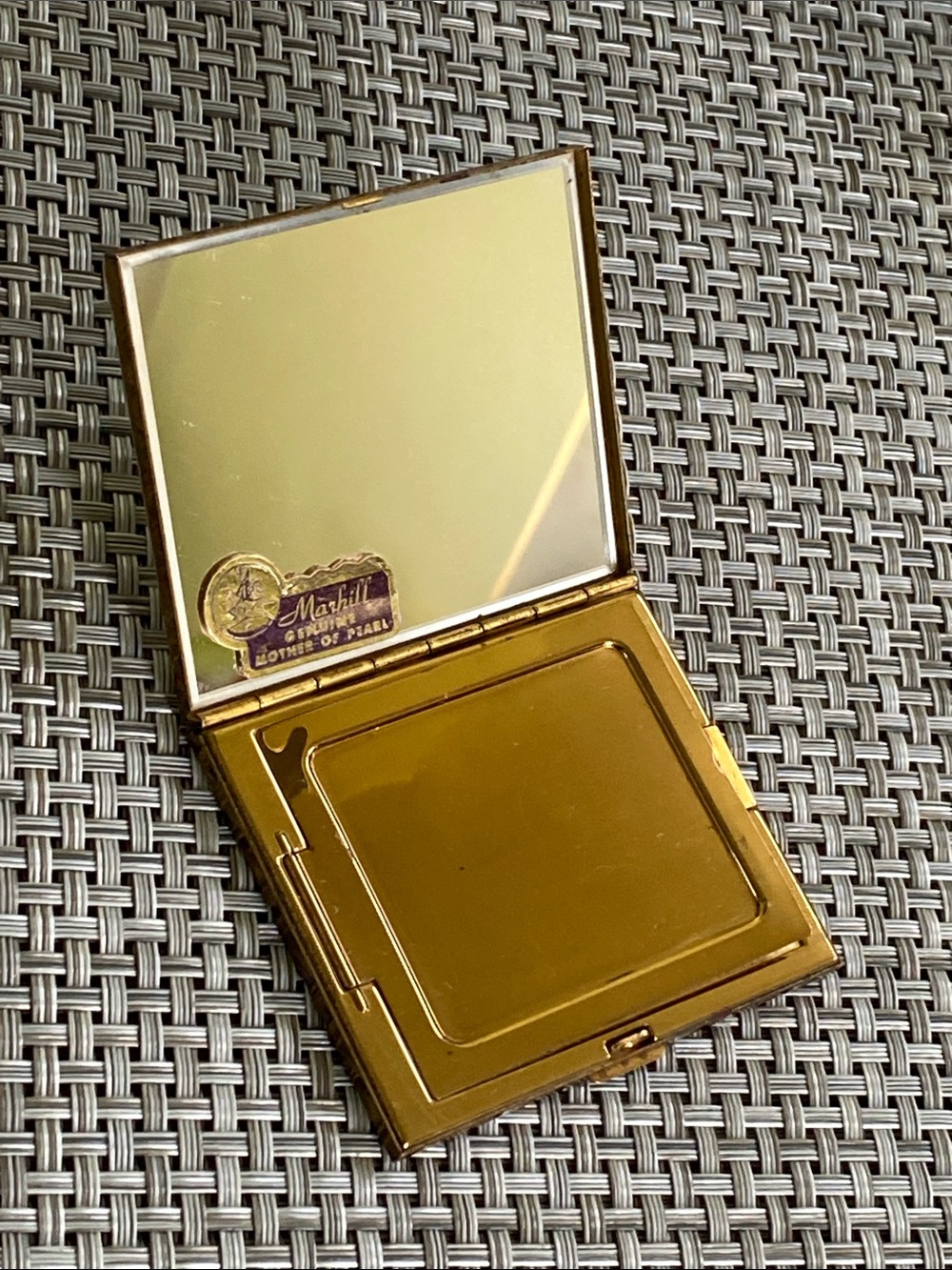 Marhill Gold Tone  Mother of Pearl Compact Mirror Makeup Case Vintage